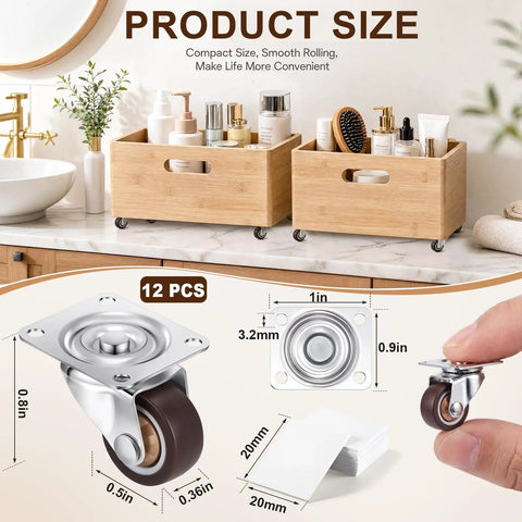 12 Pack Brown Mini Swivel Caster Wheels Compact 0.5 Inch Diameter 360 Degree Rotating Turntable Glides displayed with bath products.