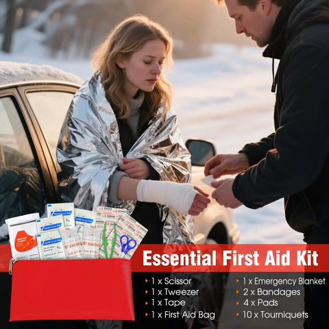 Emergency Roadside Tool Kit With Jumper Cables And Shovel Auto And Truck Vehicle Safety Kit Bag For Men And Women With First Aid Kit Winter Basic Roadside Essentials For On The Go shown with first aid kit essentials and blanket outdoors.