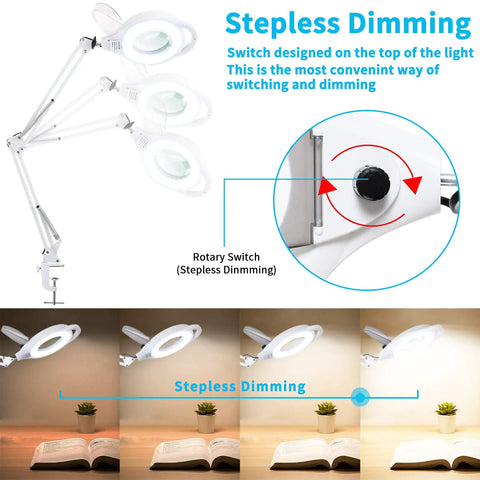 Diagram showing the stepless dimming feature of a 10X Magnifying Lamp With Clamp, 2200 Lumen Super Bright Light, Real Glass Lens.