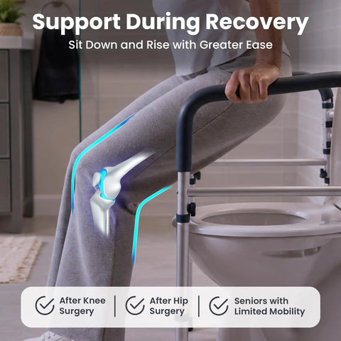 Heavy Duty Adjustable Toilet Safety Bars Featuring Tough As Nails 350 Pound Weight Capacity And No Fuss Assembly NonSkid Pads For Seniors, supporting recovery after surgery.