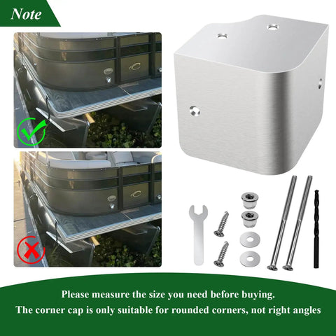 316 Stainless Steel Pontoon Boat Deck Corner Caps For 90 Degree Rounded Corners Not For Right Angles Marine Grade Deck Hardware 3.5 Inch Length By 3.5 Inch Width By 3.5 Inch Height Includes Screws Nuts Spacers Wrench Drill displayed with installation tools