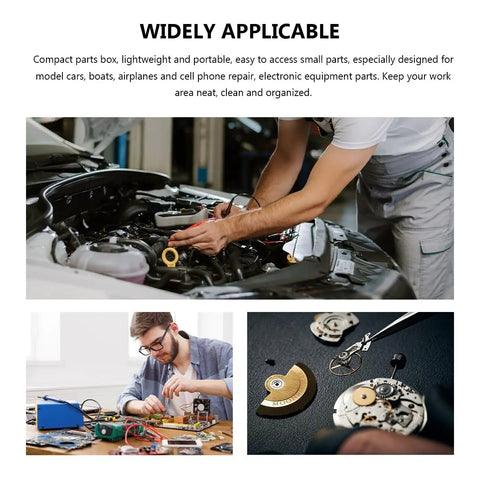 Mechanic working on car engine, man repairing electronics, close-up of watch mechanism, promoting versatile tool usage.