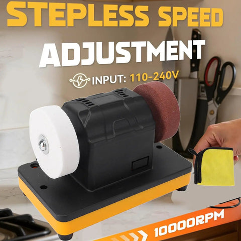 Three Inch Cordless Mini Bench Grinder With Dual Wheels For Heavy Metal Cutting And Quick Sharpening Jobs Battery Operated Design showing variable speed adjustment and cutting wheels.