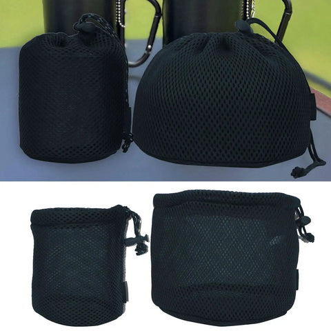 Two black nylon mesh camping gear storage bags for pots and tableware, drawstring organizer sack for outdoor cooking.