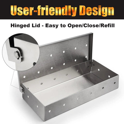 Heavy Duty Wood Chip Smoking Box For Gas Grills And All Grills, Thick Stainless Steel Construction Delivers Rich Smoky Flavor To Meats And Veggies displayed with hinged lid open