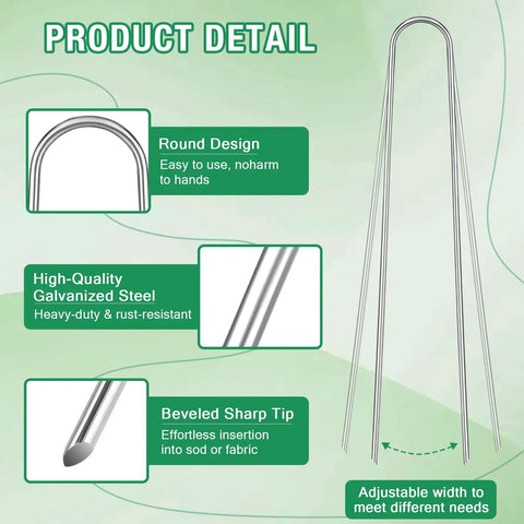 Diagram showing Heavy Duty 12 Inch 8 Gauge Galvanized Landscape Staples, U Shaped Ground Cover Stakes, Pack Of 25 features
