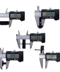 Digital calipers measuring various dimensions with readings in inches and millimeters for precision measurement.