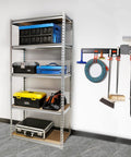 Built Tough Five Tier Storage Shelves With Thick Durable Mdf Boards And Reinforced Steel Frame fully adjustable silver rack displaying tools and storage boxes in garage.
