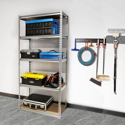 Built Tough Five Tier Storage Shelves With Thick Durable Mdf Boards And Reinforced Steel Frame fully adjustable silver rack displaying tools and storage boxes in garage.