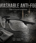 Hardcore Photochromic Safety Glasses With Slick Adaptive Lenses And Uv400 Shield For Serious Eye Protection During Cycling Diy Tasks And Outdoor Jobs Built Damn Tough For All Day Wear In Storm Gray Blue on a dark surface with anti-fog feature.