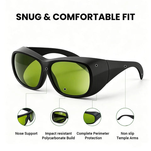 Kickass 800-1100nm Laser Safety Glasses Featuring Tough OD5+ And OD7+ Ratings For Near Infrared Work with snug fit and green lenses.