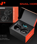 Heavy Duty Dual Snail Car Horn Pair Dropping Badass High Low Howls No Sweat Install For Domestic Trucks Hot Rods 12V Electrical Rig Street Legal Upgrade in packaging, showing high and low horns.