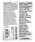 Instructions label for Fast Acting Fuel System And Injector Cleaner Quick Fix For Rough Idles Smooth Ride Gas Tank Additive.