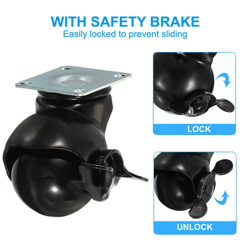 Heavy Hitter 2 Inch Black Ball Caster Wheels With Locking Brakes showing swivel design and locking mechanism for secure mobility.
