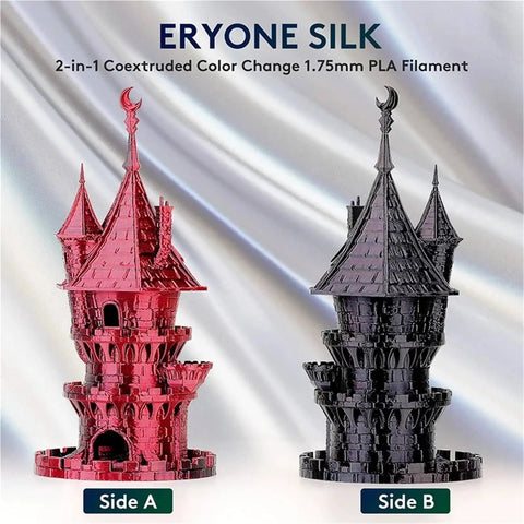 Dual Color Silk PLA Filament For 3D Printing Featuring A Fresh Yellow Green Gradient On A 3Kg Spool displayed in 2 castle models.