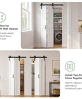 30 By 84 Inch White Bifold Barn Doors With Slick Hardware Kit For Smooth Interior Closet Glides No Sweat Install, shown in a tight space.