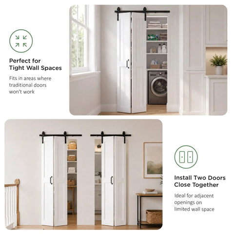 30 By 84 Inch White Bifold Barn Doors With Slick Hardware Kit For Smooth Interior Closet Glides No Sweat Install, shown in a tight space.