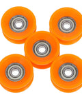 Heavy Duty Nylon U Groove Pulley Wheels With Micro Ball Bearings Built Like A Tank Super Quick Snap Install Durable Track Guide Rollers For Any Cart Or Machine Five Pack, set of five orange nylon rollers with ball bearings.