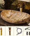 Top Shelf Rectangular Vessel Sink For Above Counter Bathroom Vanity Setup Modern Boat Shaped Washbasin with natural stone finish.