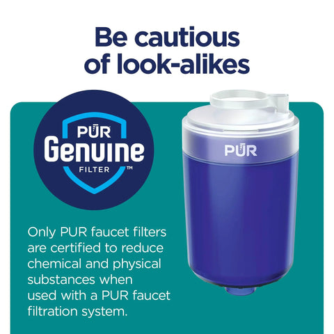Faucet Mount Replacement Water Filter with 3 in 1 Mineral Filtration, genuine PUR design in blue, for home use and everyday hydration.