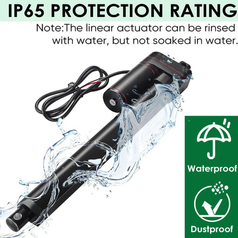 26 Inch 12V DC Linear Actuator 225 Lbs Beast Mode Heavy Lifter IP65 Waterproof with water splash effect and connection wires.
