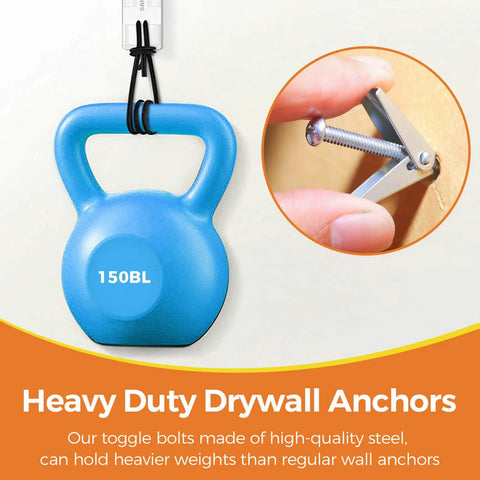 Heavy Duty Drywall Toggle Bolt Set with 34 Piece Pack for Hollow Walls shown holding a 150 lb weight.