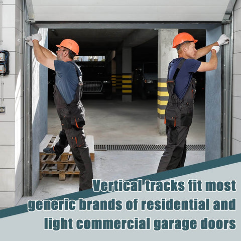 Two Piece Garage Door Vertical Track Replacement Kit With Six Rail Doorpost Brackets And Sixteen Sets Of Screws And Nuts For Seven Foot Tall Doors Durable Rails And Hardware Bundle For Quick Easy DIY Install being installed by workers