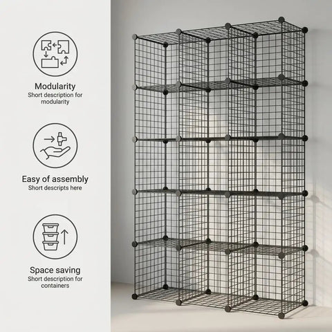 20 Grid Wire Mesh Storage Organizer With Interlocking Cube Panels For Tool Sorting Gear Tidy And Closet Makeovers Black Rack displayed in corner.