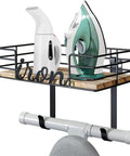Space Saving Laundry Room Hanger Wall Mount For Iron And Ironing Board With Metal Frame And Large Wooden Base Basket
