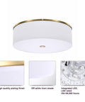 Antique Brass Drum Linen Flush Mount Ceiling Light, 20 Inch LED Fixture, 2000 Lumens, close-up of brass finish and LED details