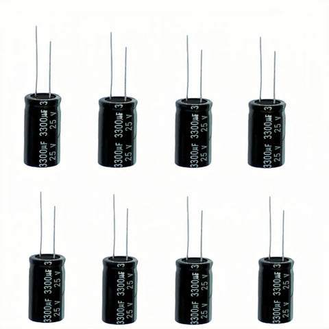 Heavy Duty Aluminum Electrolytic Capacitor Kit Featuring A 25 Value Assortment Spanning 1000Uf To 10000Uf With 10V 16V 25V 35V 50V Ratings. Black 3300uF 25V capacitors displayed in rows.