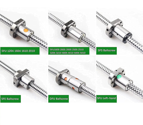 BossGrade 25MM CNC Ball Screw Kit With AntiBacklash SFU2504 Design, six variations of SFU and DFU ball screws and couplers.