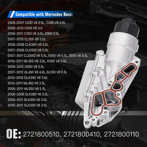 Direct Fit Engine Oil Cooler Filter Housing With Gasket For Mercedes Benz C E S And GL Models 2006 To 2015 side view in engine compartment