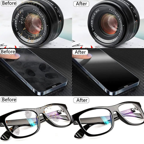 Before and after cleaning lens, phone, and glasses using 15 Pack Microfiber Glasses Cleaning Cloths For Eyewear Phones Watches And Delicate Screens Soft Lint Free Wipes That Dry Fast Reusable And Safe On Glass Plastic And Other Sensitive Surfaces Your Go To Travel And Everyday Clean Kit.