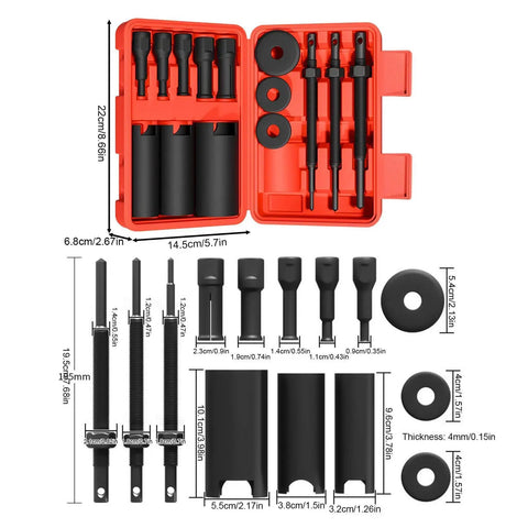 Pro Gear Hub Bearing Extractor Kit With Slip Grip Handles And Quick Release Collets For Road Bikes tool set with varied sizes in red case.