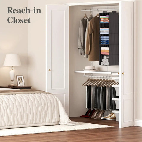 Big Time Heavy Duty Hanging Closet Rack With Five Roomy Compartments For Tees Jeans And Towels Dang Sturdy Beige Build 3 Pack in a reach-in closet.