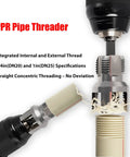 Pro Grade PPR Pipe Threading and Reaming Tool Kit showing electric drill style threader and reaming bit on PVC pipe.