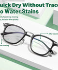 Eyeglasses with black frames, front view on a white surface showing before/after cleaning labels