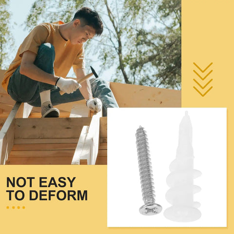 Heavy Duty Wall Anchors Set With Screws For Drywall And Concrete shown in use by a person working on a wooden structure.