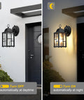 Super Fly Dusk To Dawn Outdoor Wall Lights With Hella Bright Photo Sensor And Anti Rust Body Featuring Smooth Water Ripple Glass Shade For Waterproof Exterior Porch And Garage 2 Pack In Black, shown on a wall, lit at night.