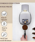 58mm Automatic Espresso Tamper With Electric Adjustable Base Hits Dead On 22 To 66 Lbs Pressure For No Sweat Tamping And Professional Clean Pulls A Total Game Changer For Any Legit Coffee Geek Setup, top view of motorized induction powder press with portafilter filled with ground coffee.