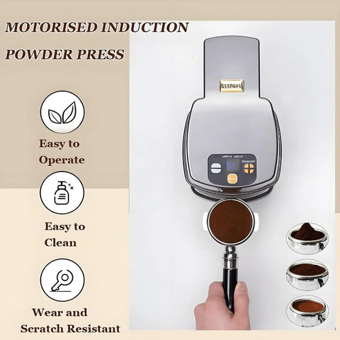 Dead Simple Automatic Electric Coffee Tamper For 58mm Portafilter on a counter with dark coffee grounds in holder.
