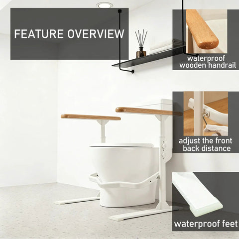 Heavy Duty Toilet Safety Rails For Seniors With Nighttime Reflective Armrests And Base No Fuss Height Adjustments Bulletproof Bathroom Support Bar Fits Standard Toilets Wood Trim with waterproof handrails and adjustable feet.