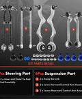 Tough As Nails Eight Piece Front Suspension Control Arm Kit For BMW 1 And 3 Series Plug And Play Fitment details, including tie rods and control arms.