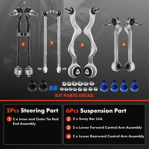 Tough As Nails Eight Piece Front Suspension Control Arm Kit For BMW 1 And 3 Series Plug And Play Fitment details, including tie rods and control arms.
