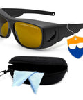 Kickass Laser Safety Glasses Featuring Boss Level OD8 Eye Protection Spanning 190 to 2000 nm and 1064 nm with sturdy case and cloth.