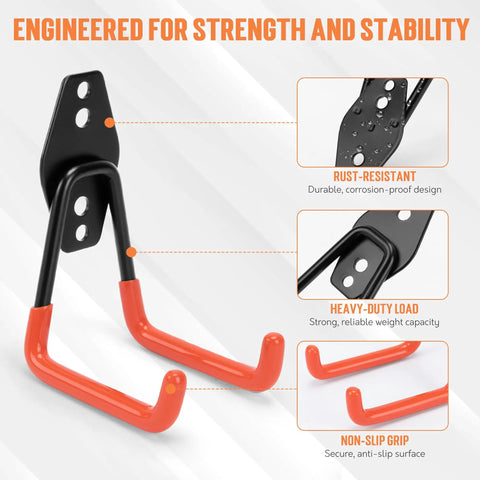 Kickass Heavy Duty Garage Storage Hooks 20 Piece Wall Organization Kit close-up of rust-resistant black hook with orange grip.