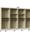 Built Different 12 Foot Modular Closet System With 8 Hanging Rods, 144 inch white oak finish wardrobe organizer with shelves.