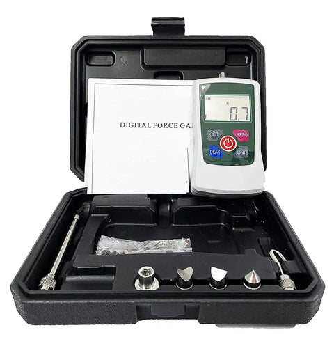 Top Shelf Digital Force Gauge For Smooth Push Pull And Compression Testing Up To 300N in a durable case with various attachments.