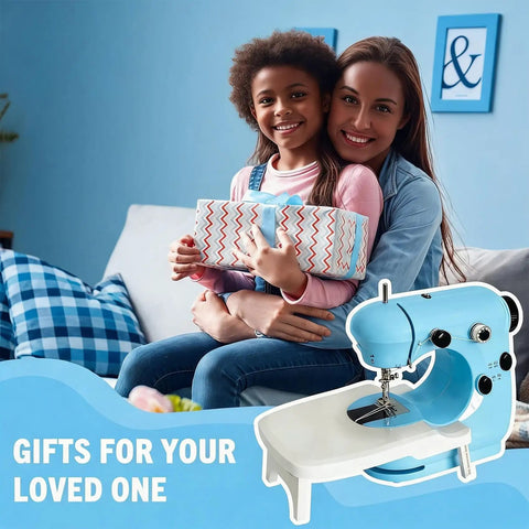 Get Your Threads Sorted Quick Super Portable Sewing Machine For Beginners shown with two smiling people and a gift in a cozy living room.